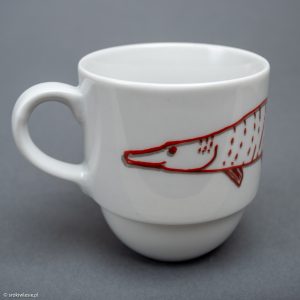 Kubek porcelanowy z czarno-czerwonym szczupakiem